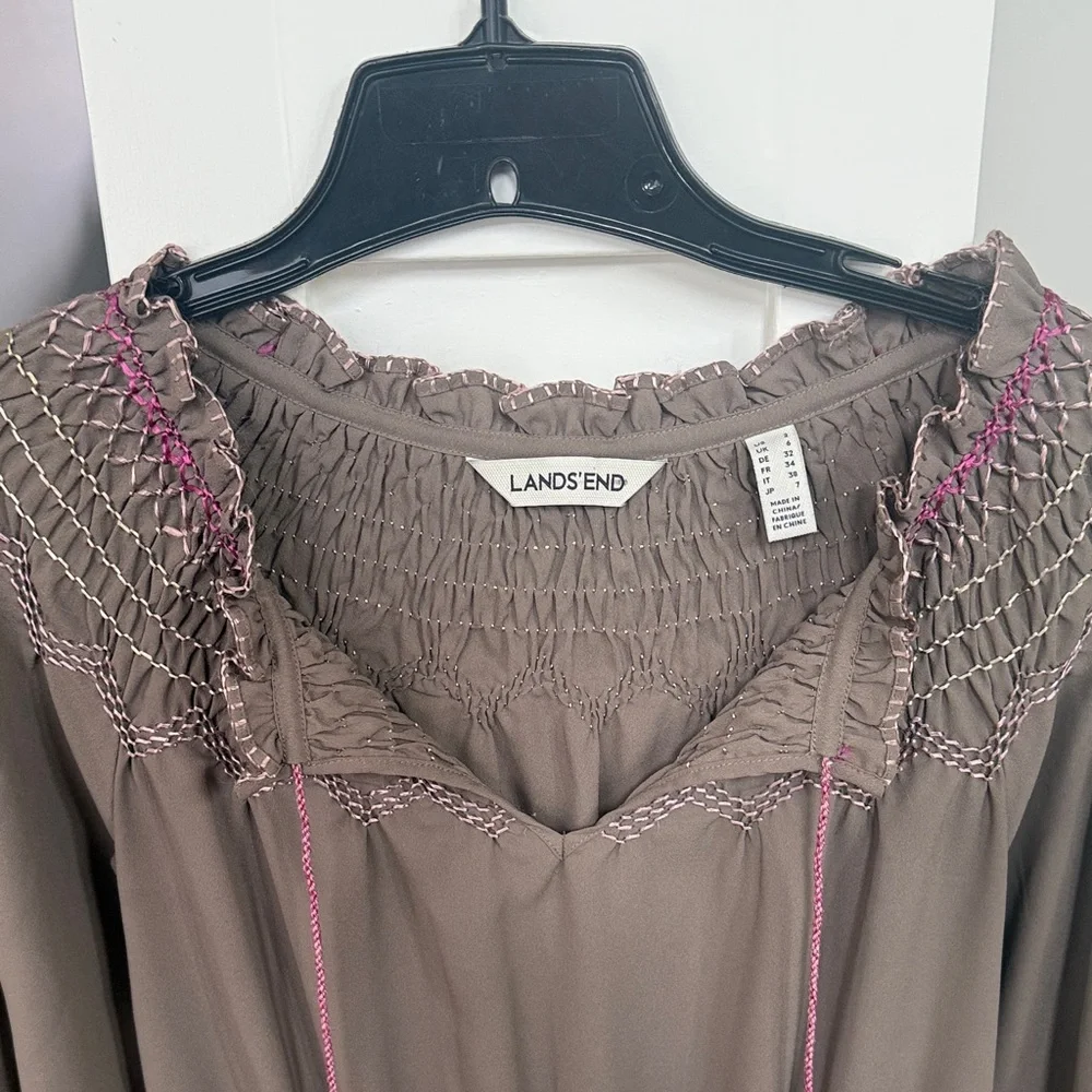 Lands' End olive green dress v neck pink embroidery - Picture 3 of 10